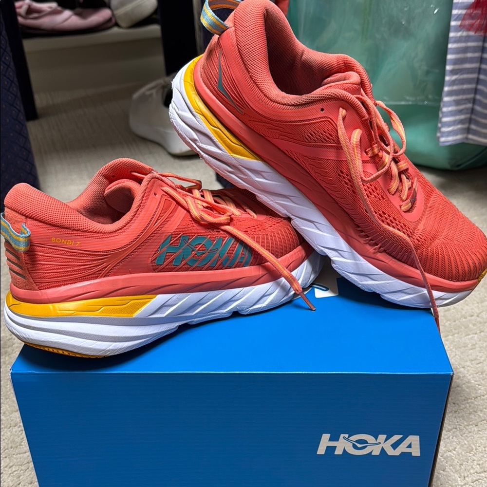 Hoka Red and Yellow Athletic Shoes with Maximalist Cushioning